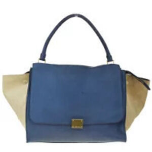 Celine Trapeze Shoulder Bag Blue Brown Leather Suede